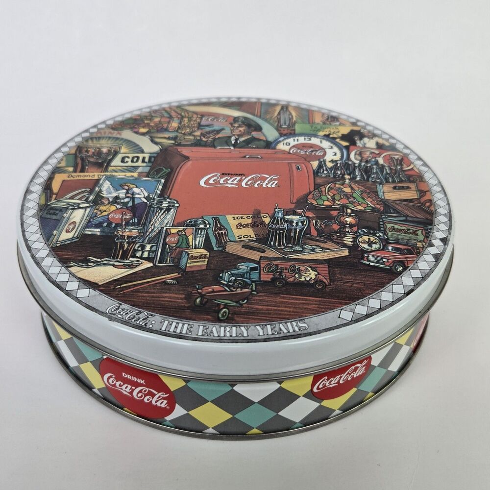 COCA-COLA Tin Box With Lid Vintage 1998 The Early Years Round Pop 6.5" Coke